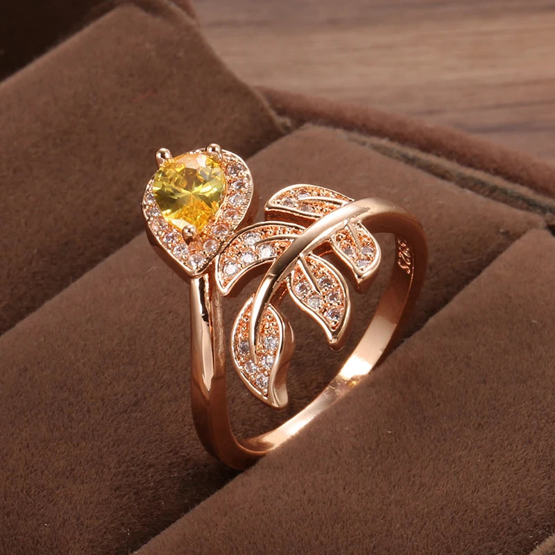 Latest Fashion Hollow Crystal Flower Rolled 14K Rose Gold Yellow AAA Zircon Diamonds Ring  - Fine Jewellery