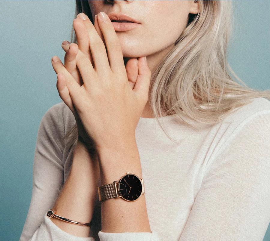 High Quality Elegant Rose Gold Colour Ladies Watches Stainless Steel Mesh Band Quartz Movement Waterproof Watches