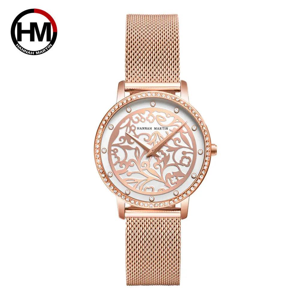 Top Luxury Brand Elegant White Flower 3D Engraving Dial Face Rhinestones Fashion Waterproof Ladies Watches