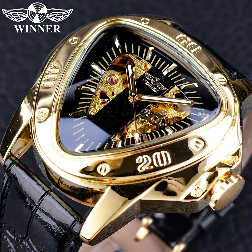 Top Brand Luxury Steampunk Fashion Triangle Golden Skeleton Movement Mysterious Automatic Mechanical Wrist Watches