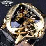 Top Brand Luxury Steampunk Fashion Triangle Golden Skeleton Movement Mysterious Automatic Mechanical Wrist Watches