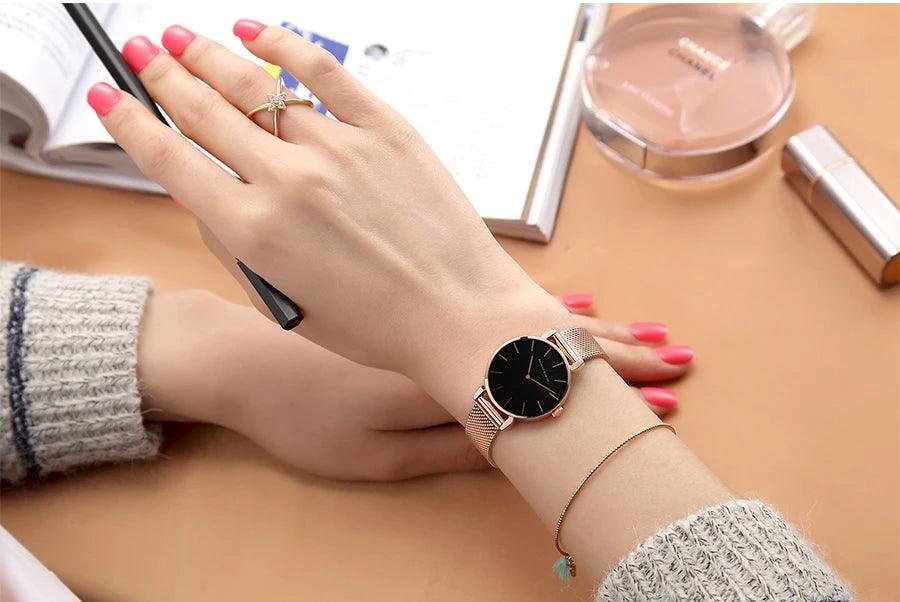 High Quality Elegant Rose Gold Colour Ladies Watches Stainless Steel Mesh Band Quartz Movement Waterproof Watches