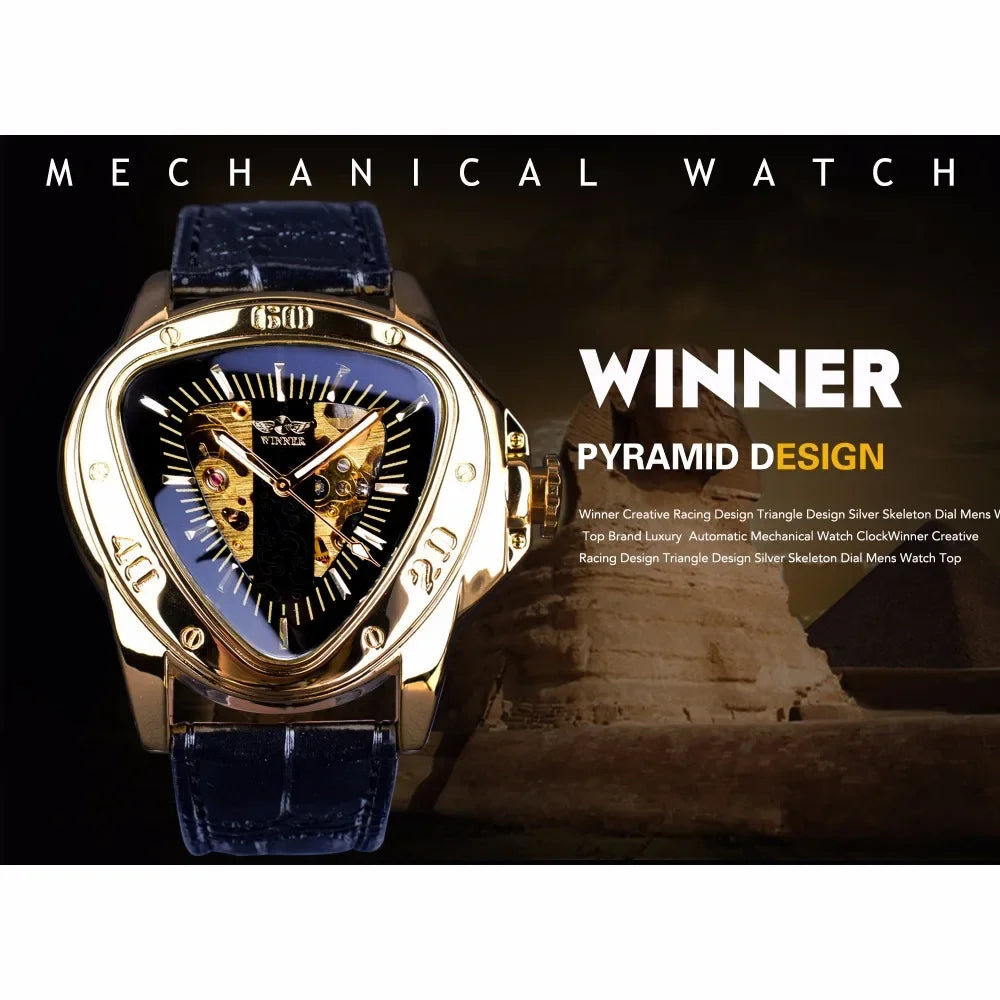 Top Brand Luxury Steampunk Fashion Triangle Golden Skeleton Movement Mysterious Automatic Mechanical Wrist Watches