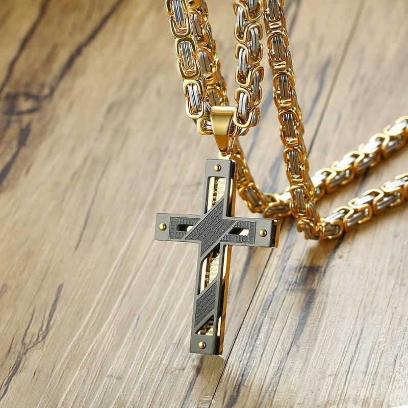 Amazing Cross Necklace For Men - Byzantine Gold Colour Stainless Steel Chain Catholic Crucifix Pendant - The Jewellery Supermarket