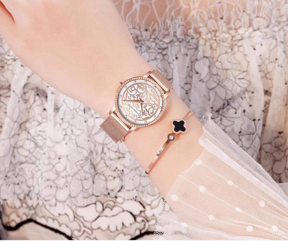 Top Luxury Brand Elegant White Flower 3D Engraving Dial Face Rhinestones Fashion Waterproof Ladies Watches
