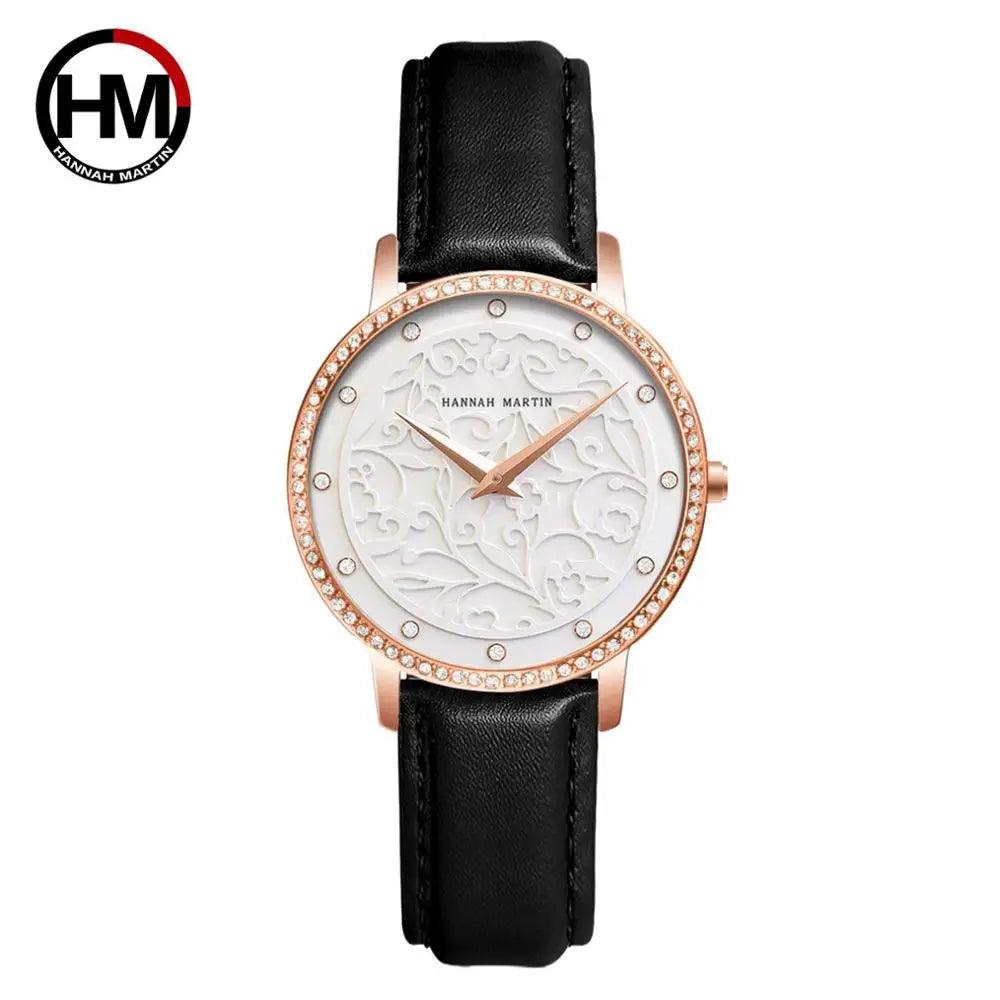 Top Luxury Brand Elegant White Flower 3D Engraving Dial Face Rhinestones Fashion Waterproof Ladies Watches