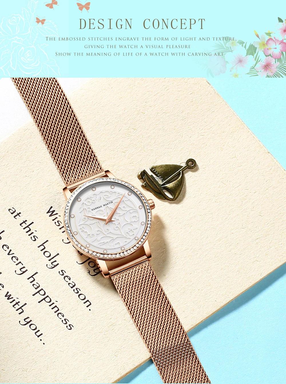 Top Luxury Brand Elegant White Flower 3D Engraving Dial Face Rhinestones Fashion Waterproof Ladies Watches