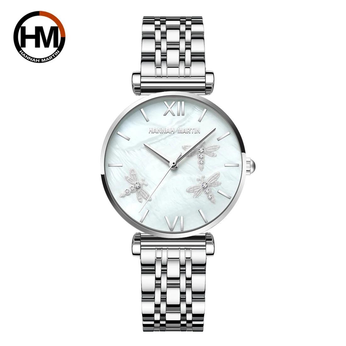 New Elegant Dragonfly Design White Oyster Pearl Shell Scallop Dial Quartz Ladies Watch Stainless Steel Women Watches