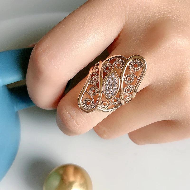 Fine Hollow Crystal Flower White AAA Zircon Diamonds 14K Filled Rose Gold Big Ring - Ethnic Vintage Jewelry