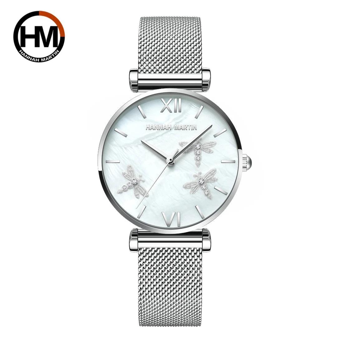 New Elegant Dragonfly Design White Oyster Pearl Shell Scallop Dial Quartz Ladies Watch Stainless Steel Women Watches