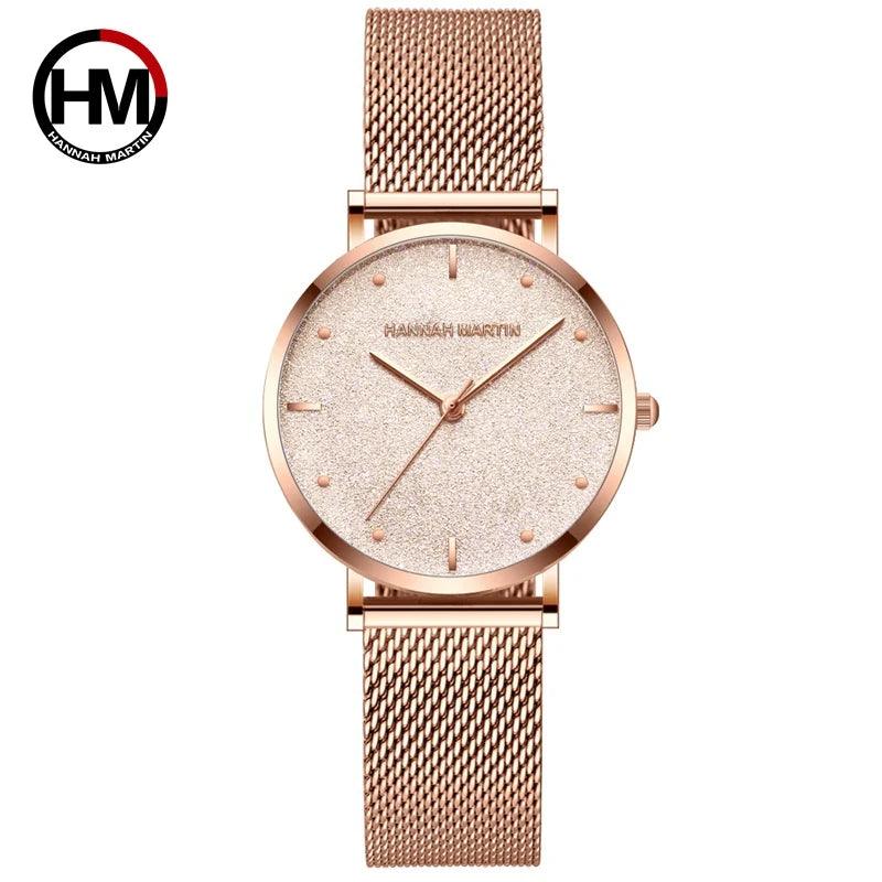 Elegant Flash Stars Design Ladies Watch, Stainless Steel Rose Gold Colour Mesh Casual Quartz Waterproof Wristwatches