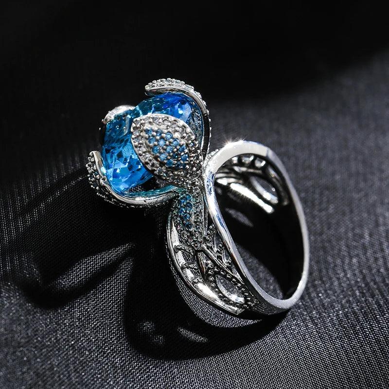Fine Blue AAA Zircon Crystals Hollow Geometry Flower Filled 14K Rose Gold Ethnic Rings - Vintage Wedding Jewellery