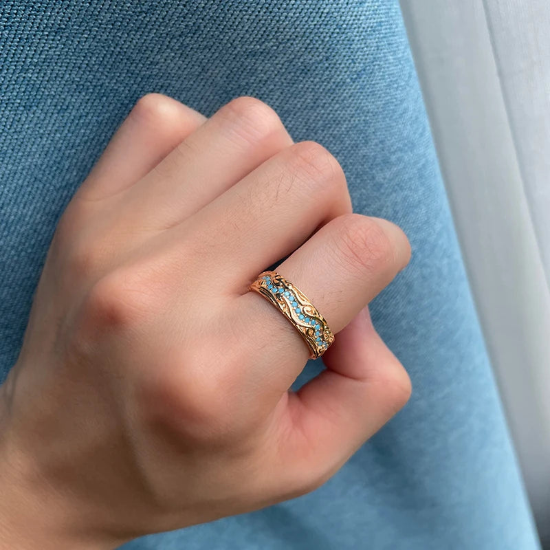 Superb Trendy Full Circle 14K Rolled Rose Gold Exquisite Turquoise Stackable Ring - Fine Vintage Jewellery
