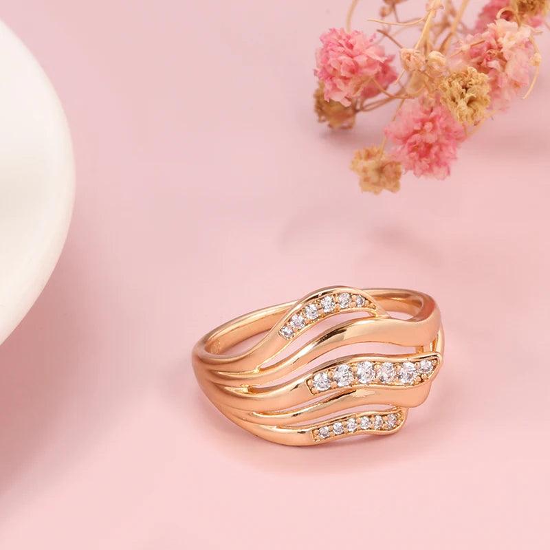 Dazzling Hollow line Wave Ring with 14K Filled Rose Gold  AAA Zircon Diamonds Ethnic Rings - Vintage Fine Jewellery
