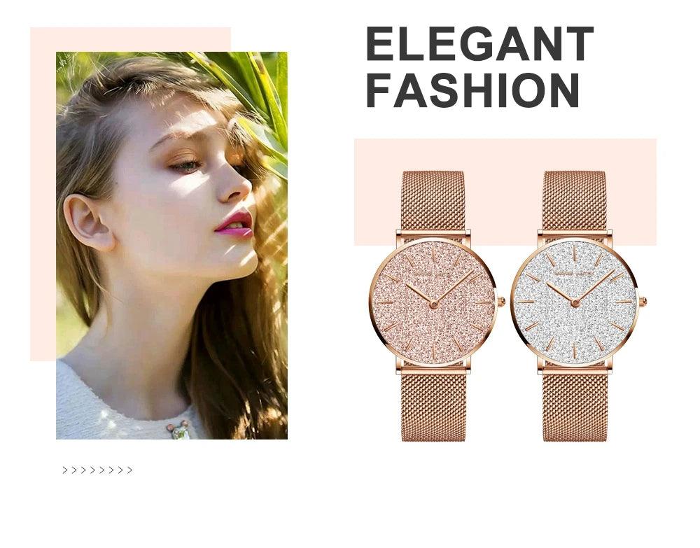 Elegant Sahara Desert Dial Design Top Brand Luxury Quartz Stainless Steel Rose Gold Colour Waterproof Ladies Watches
