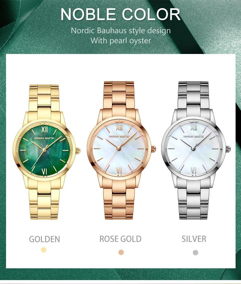 NEW Elegant Quartz Pearl Oyster Jade Stone White Shell Waterproof Ladies Full Stainless Steel Classic Wrist Watches