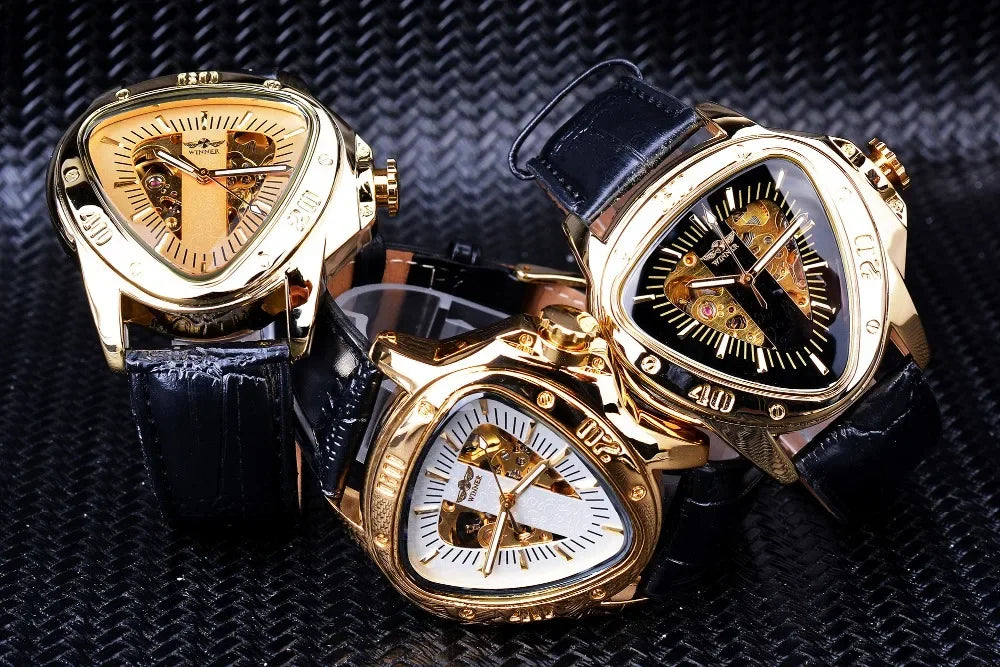 Top Brand Luxury Steampunk Fashion Triangle Golden Skeleton Movement Mysterious Automatic Mechanical Wrist Watches