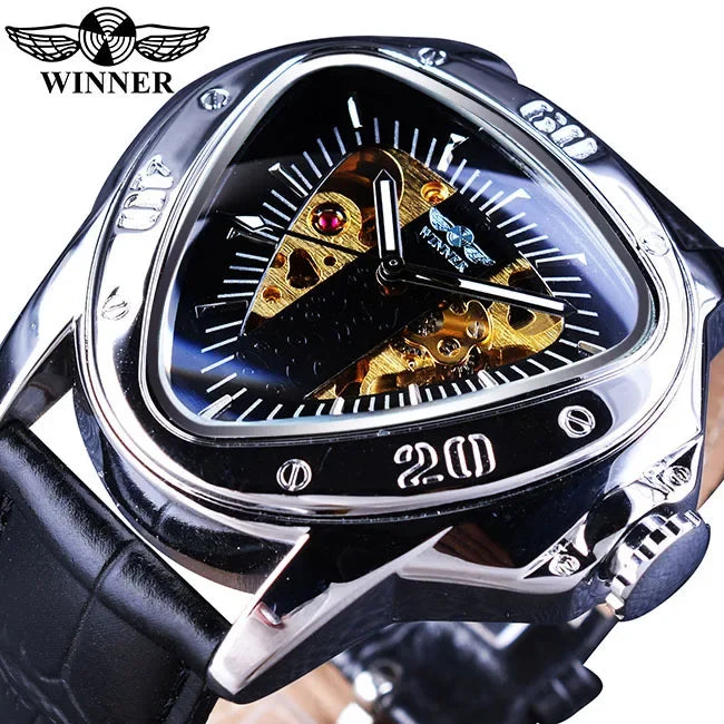 Top Brand Luxury Steampunk Fashion Triangle Golden Skeleton Movement Mysterious Automatic Mechanical Wrist Watches