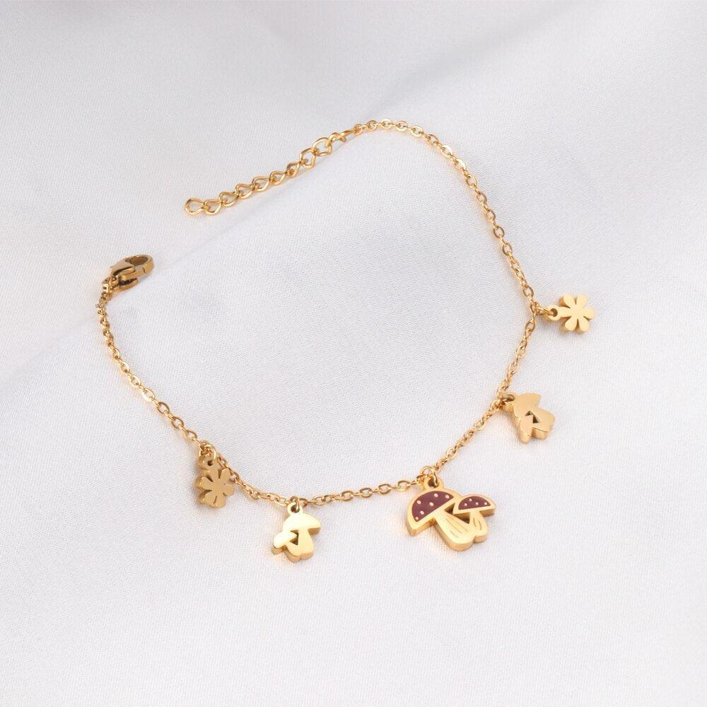 Cute Style Gold Colour Mushroom Flower Pendants Beaded Chains Charm Bracelets - Stainless Steel link Chain - The Jewellery Supermarket