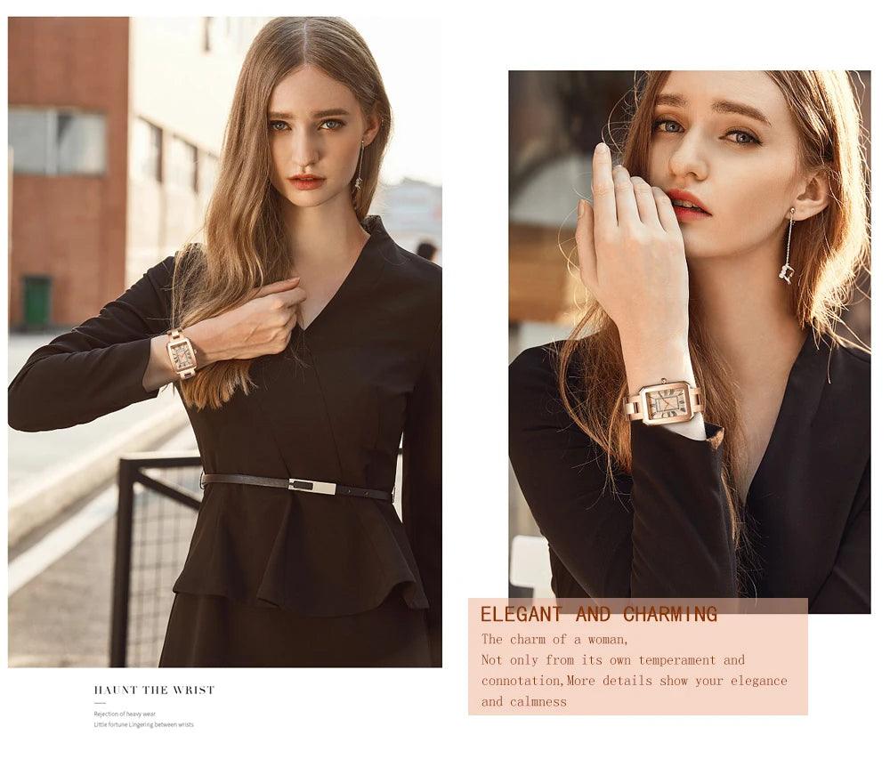 New Elegant  Quartz Women Watch With Bracelet Sets Simple Rose Gold Tone Stainless Steel Band Waterproof Watches