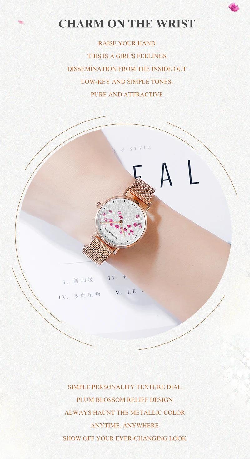 New Design Elegant Red Plum Blossom Dial Female Watch - Quartz Movement Genuine Leather Band  Ladies Wristwatches
