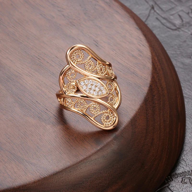 Exquisite Hollow Crystal Flower 14K Rolled Rose Gold AAA Zircon Diamons Pave Setting Ring - Vintage Jewellery