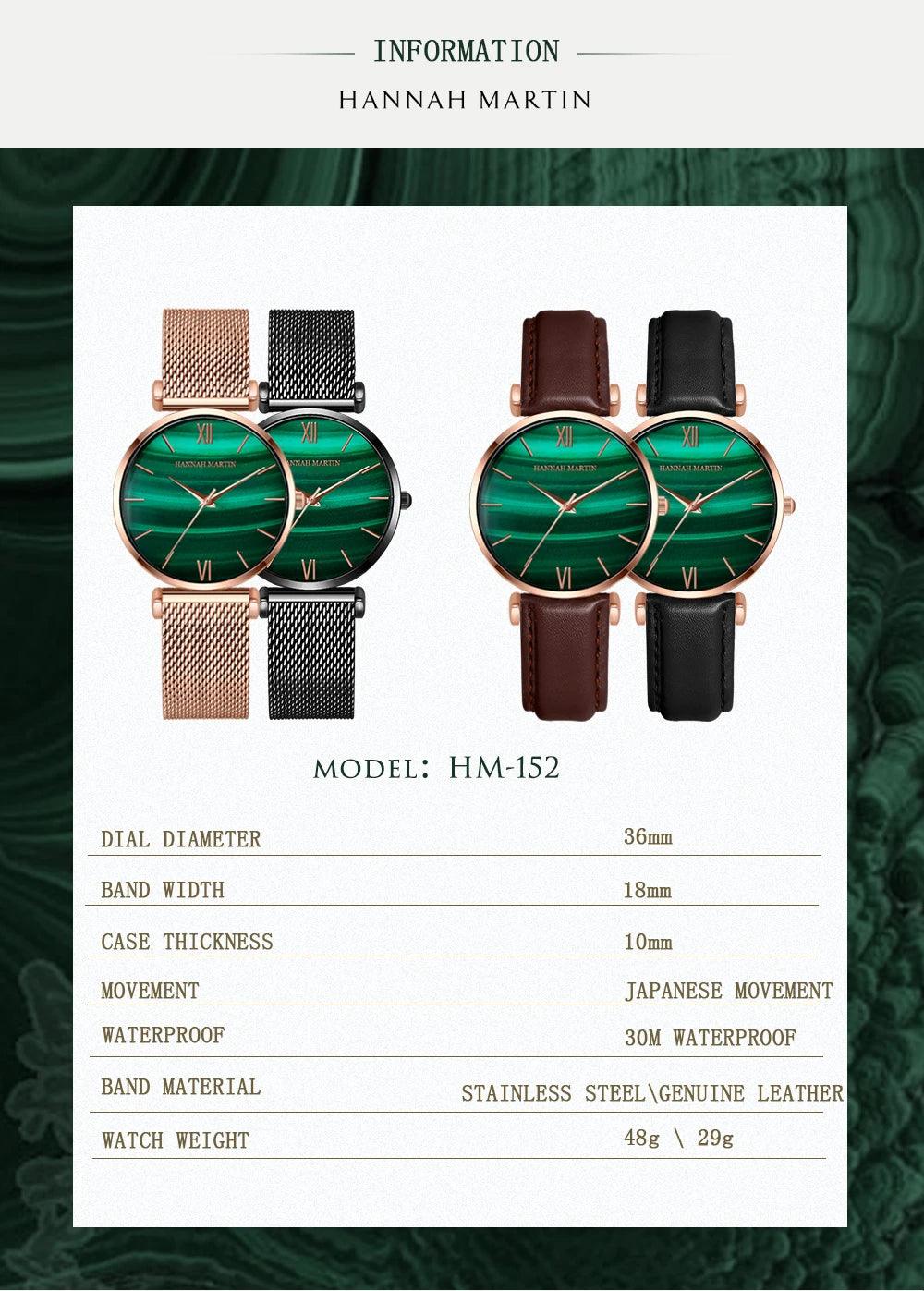 Elegant Fashion Green Malachite Dial Casual Ladies Watches - Stainless Steel Strap Waterproof Quartz Wristwatches