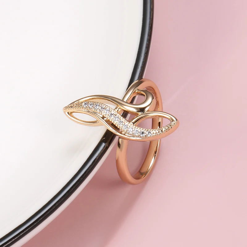 Elegant Geometric Texture 14K Rolled Rose Gold AAA White Zircon Diamonds Rings For Women - Fashion Fine Jewellery