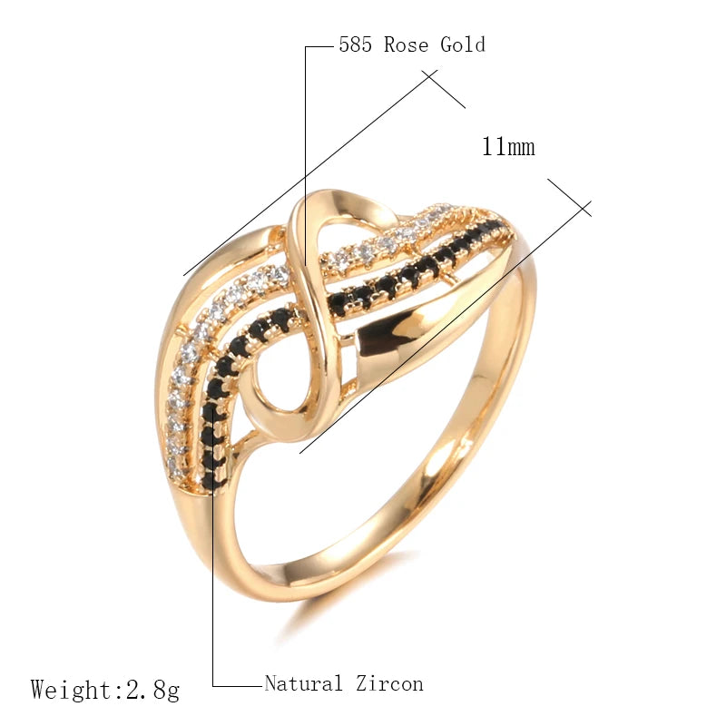 High Quality Rolled 14K Rose Gold Fine Jewellery Black, White AAA Zircon Diamonds Geometric Lines Cross Waves Ring
