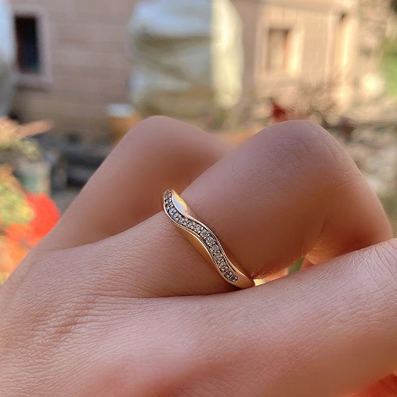 Adorable Geometric lines 14K Rolled Rose Gold AAA Zircon Diamonds Bride Rings - Ethnic Fashion Fine Jewellery