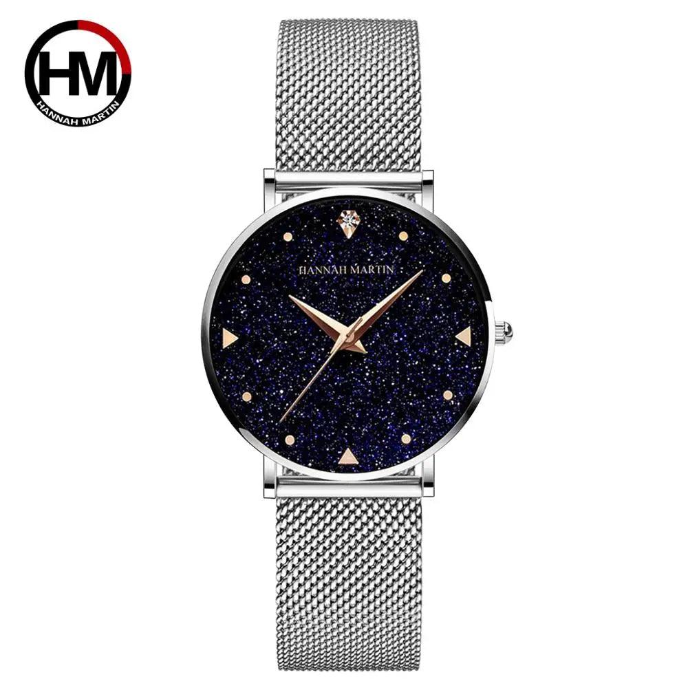 Elegant Golden Tone Ladies Wristwatches Quartz Movement Stainless Steel Mesh Band Night Stars Face Watches For Women
