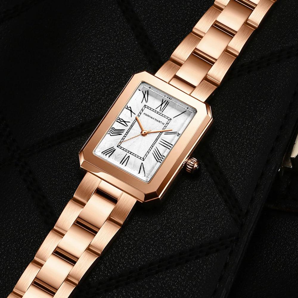 Elegant Female Rose Gold Tone Square Dial Ladies Watches - Fashion Stainless Steel Waterproof Quartz Wristwatches