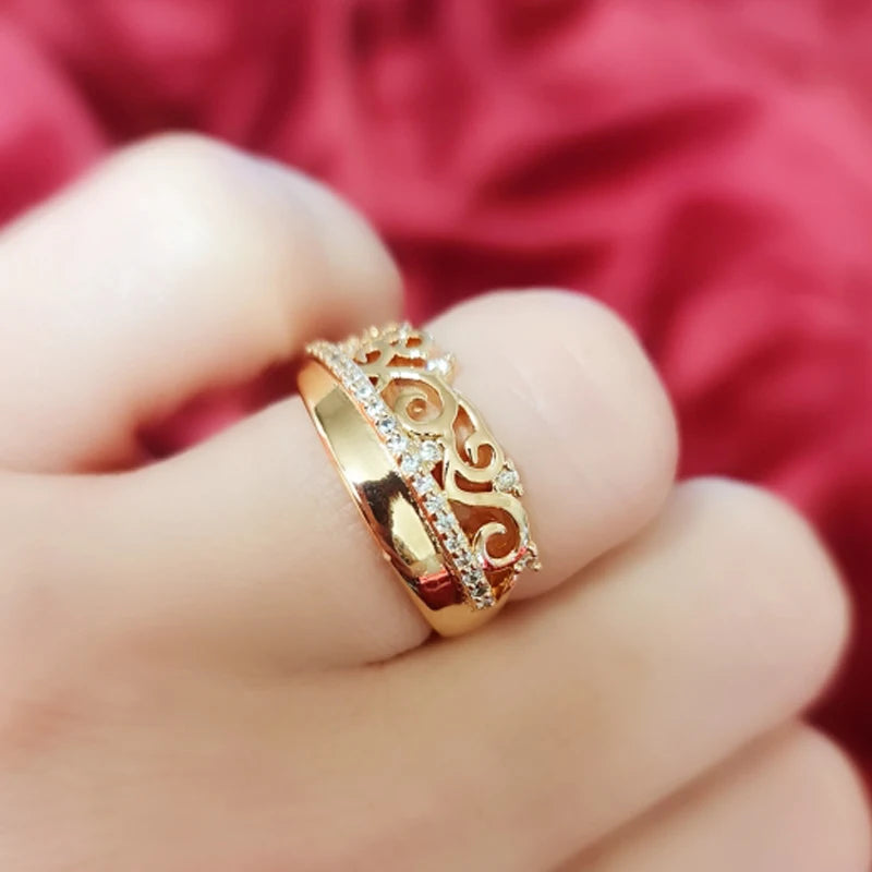 Luxury 14K Rolled Rose Gold Weaving Patterned Queen Crown AAA Zircon Diamonds Ring - Vintage Style Jewellery