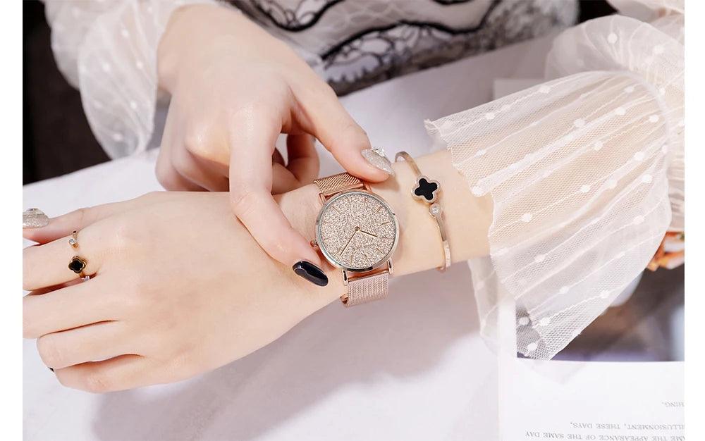 Elegant Sahara Desert Dial Design Top Brand Luxury Quartz Stainless Steel Rose Gold Colour Waterproof Ladies Watches