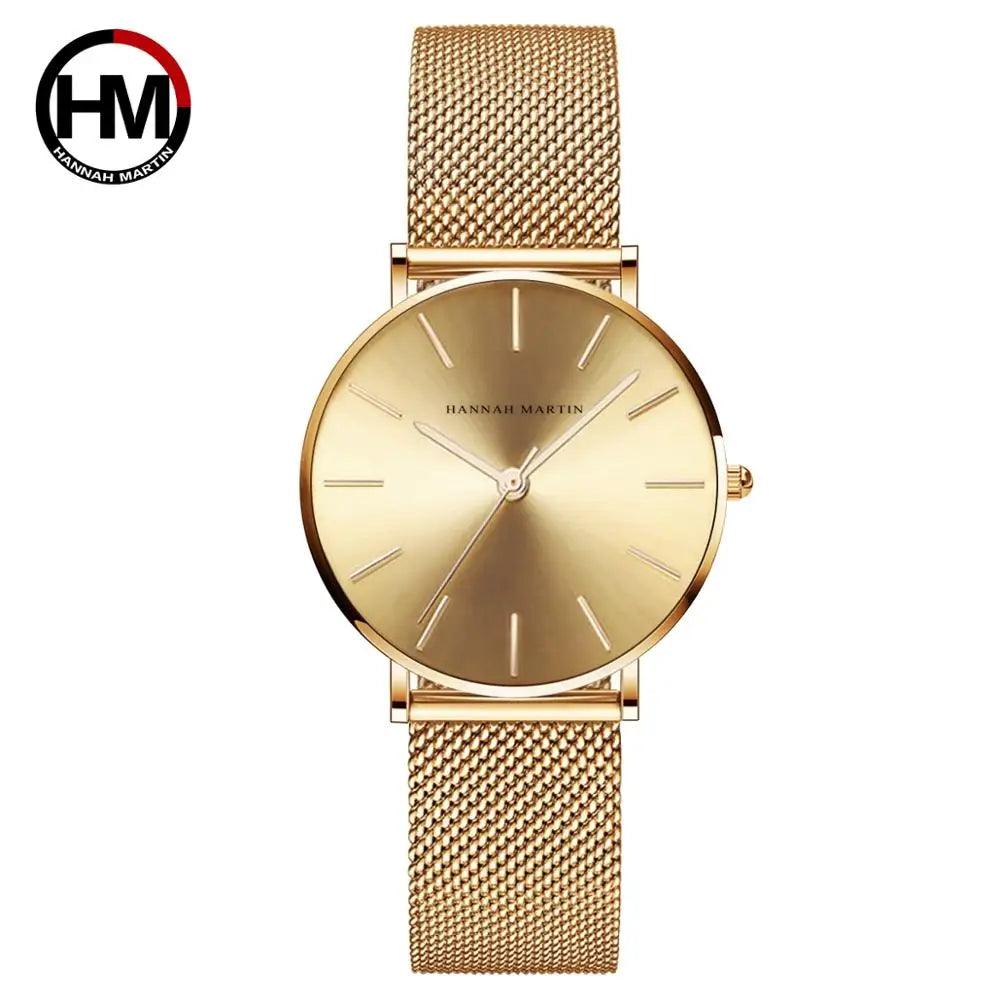 Elegant New Style Japan Quartz Movement Top Brand Stainless Steel Mesh Band Gold Colour Ladie's Waterproof Watches