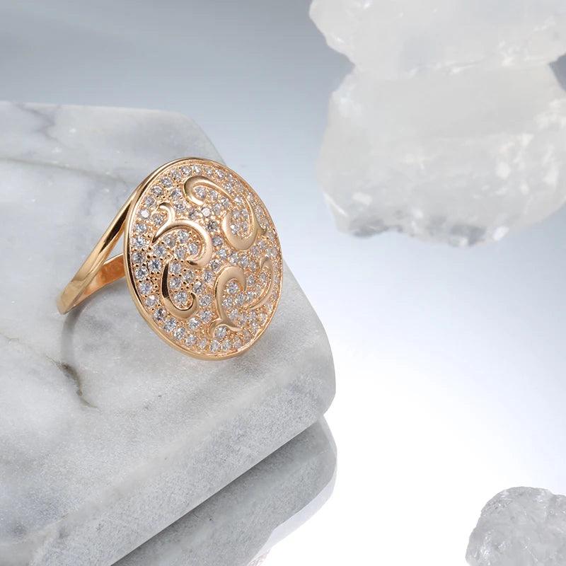 Luxury AAA Zircon Diamonds 14K Rolled Rose Gold Crystal Flowers Big Round Ring For Women - Engagement Jewellery