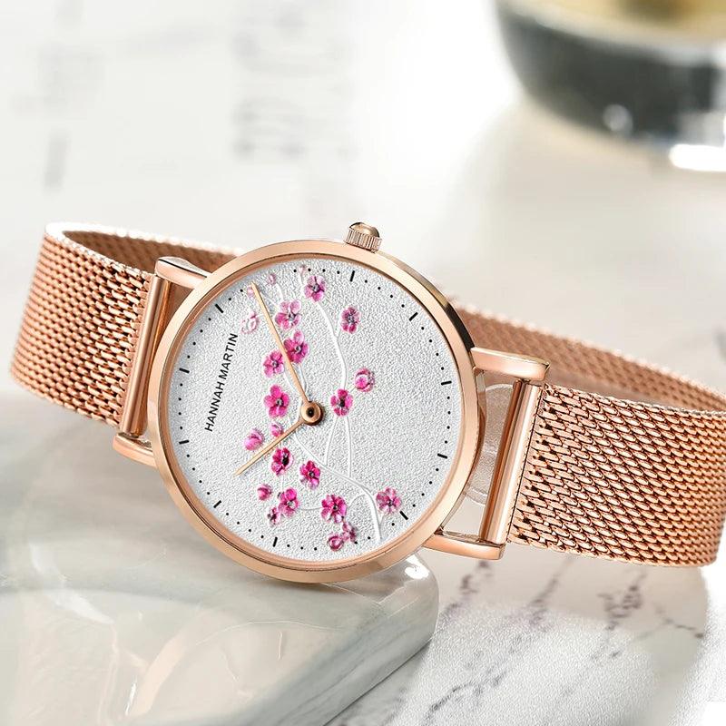 New Design Elegant Red Plum Blossom Dial Female Watch - Quartz Movement Genuine Leather Band  Ladies Wristwatches