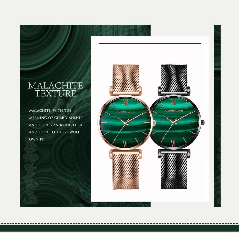 Elegant Fashion Green Malachite Dial Casual Ladies Watches - Stainless Steel Strap Waterproof Quartz Wristwatches