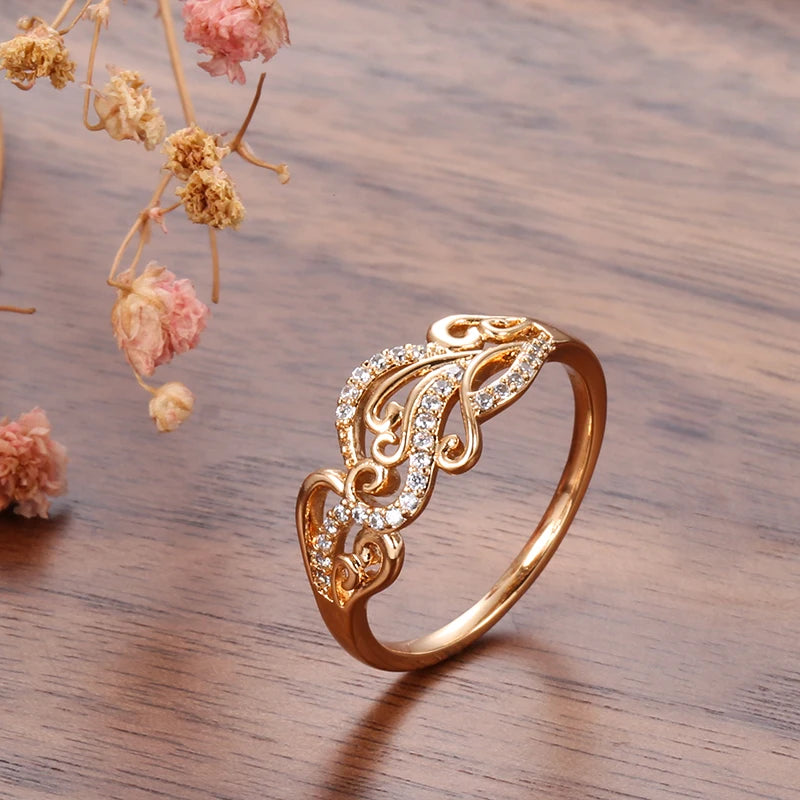 Exquisite Pattern Hollow Crystal Flower Ring with AAA Zircon Diamonds Rolled 14K Rose Gold - Fine Jewellery