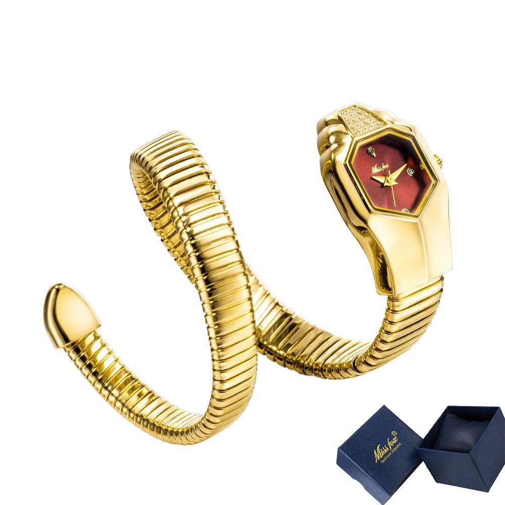 Hot Fashion Stainless Steel Bangle Snake Shape Zircon Diamond Ladies Watches - Quartz Silver Colour Wristwatches