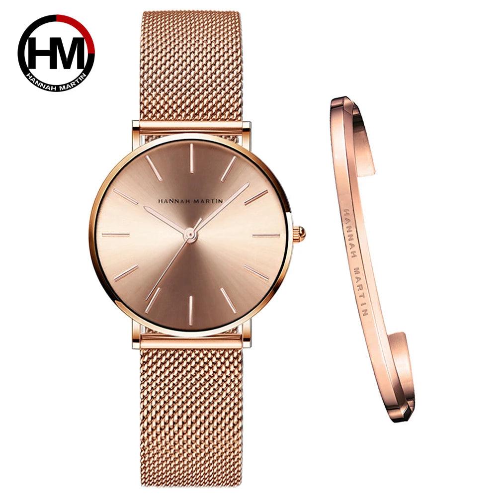 Elegant Creative Design Rose Gold Tone 1 Set Bracelet Quartz Watch Waterproof Stainless Steel Mesh Ladies Watches