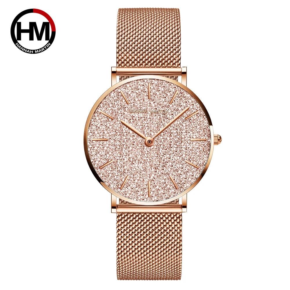 Elegant Flash Stars Design Ladies Watch, Stainless Steel Rose Gold Colour Mesh Casual Quartz Waterproof Wristwatches