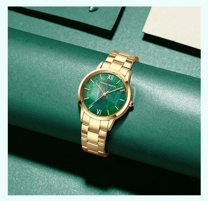 NEW Elegant Quartz Pearl Oyster Jade Stone White Shell Waterproof Ladies Full Stainless Steel Classic Wrist Watches