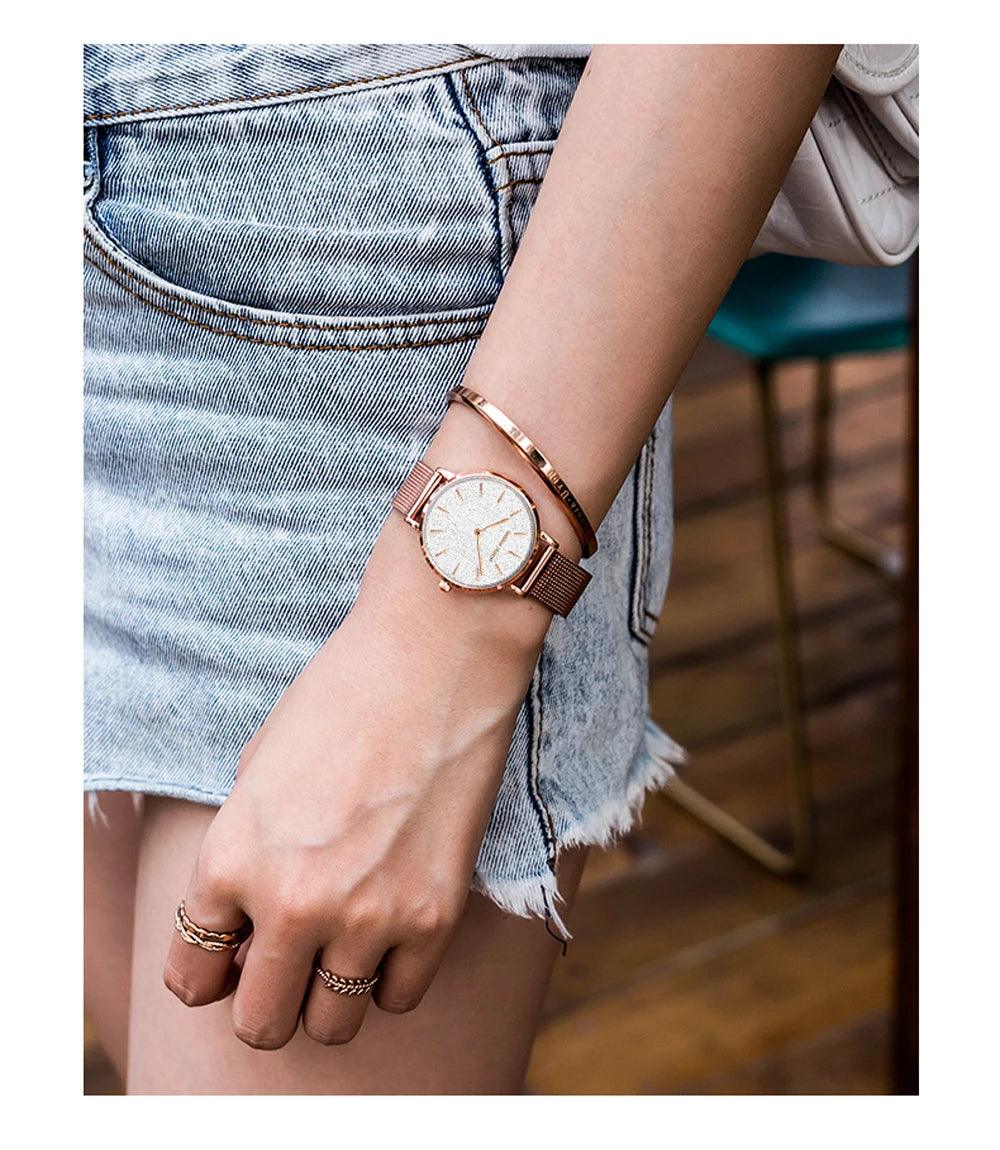 Elegant Sahara Desert Dial Design Top Brand Luxury Quartz Stainless Steel Rose Gold Colour Waterproof Ladies Watches