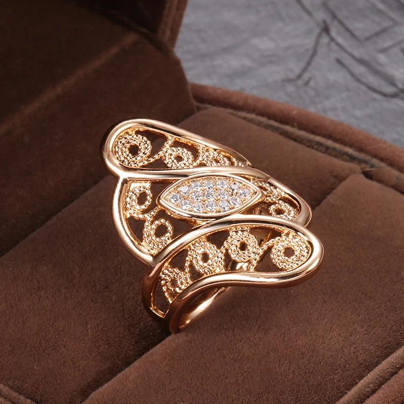 Fine Hollow Crystal Flower White AAA Zircon Diamonds 14K Filled Rose Gold Big Ring - Ethnic Vintage Jewelry