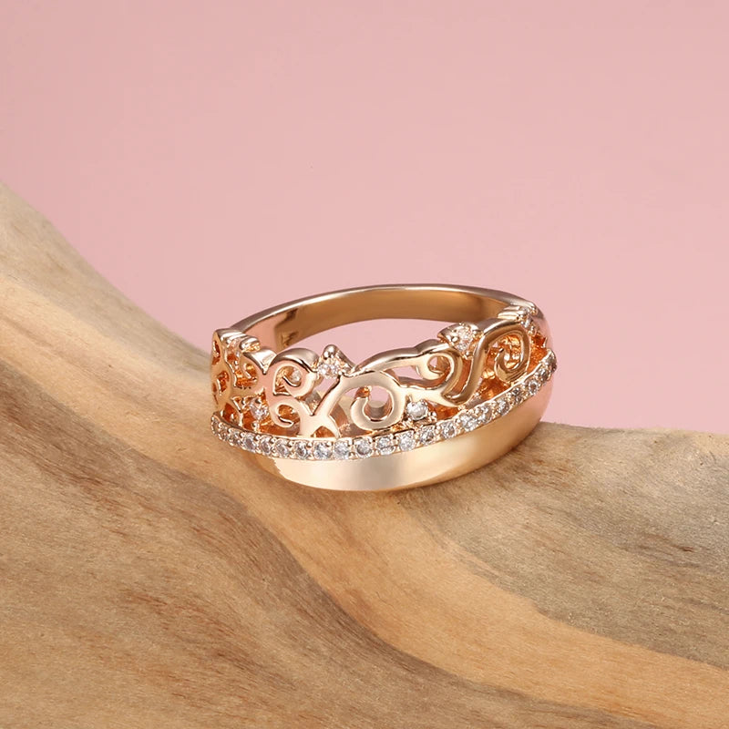 Luxury 14K Rolled Rose Gold Weaving Patterned Queen Crown AAA Zircon Diamonds Ring - Vintage Style Jewellery