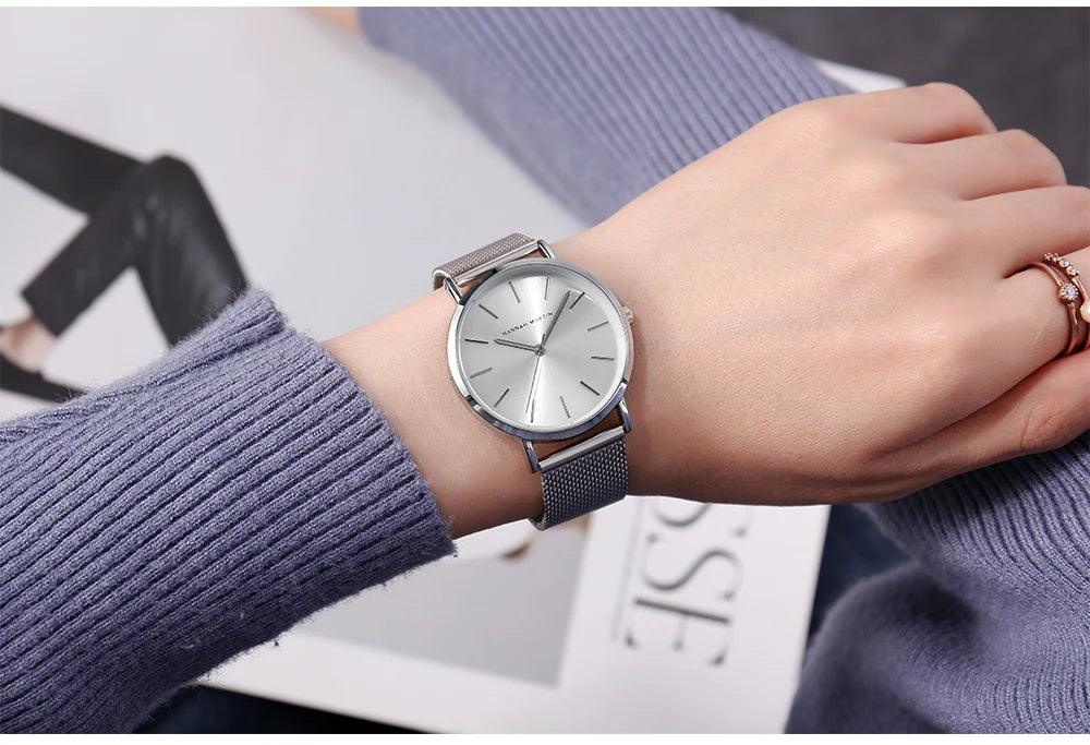 Elegant Simple Design Classic Women Rose Gold Colour Stainless Steel Mesh Casual Waterproof Ladies Quartz Watches