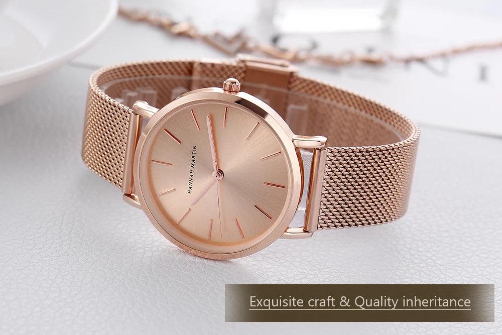 Elegant Simple Design Classic Women Rose Gold Colour Stainless Steel Mesh Casual Waterproof Ladies Quartz Watches