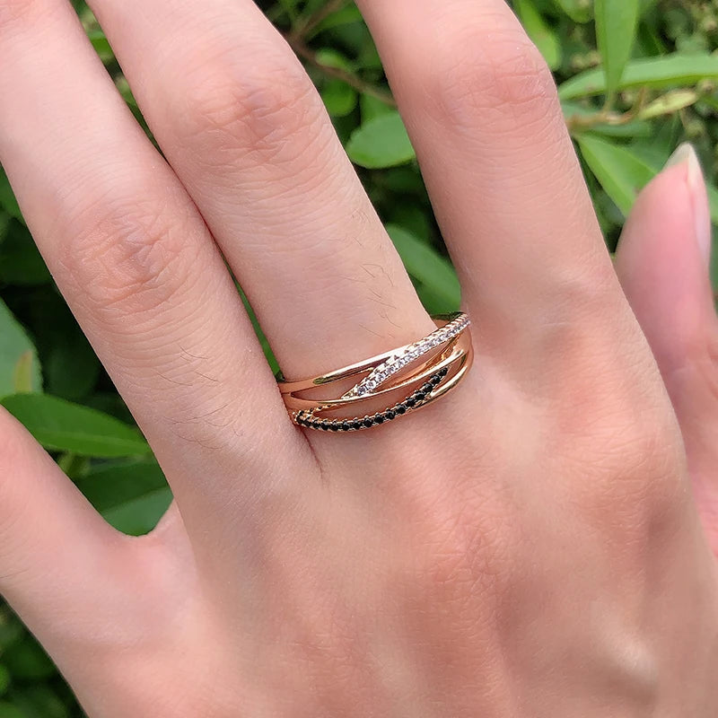 New 14K Filled Rose Gold Unusual Geometry Cross AAA Black, White Zircon Diamonds Ring - Vintage Wedding Jewellery