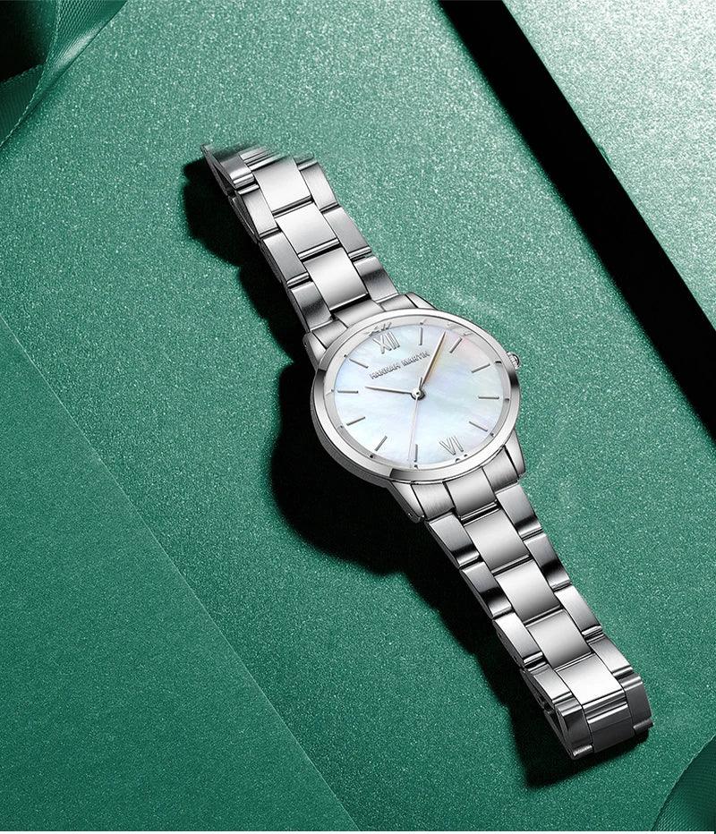 NEW Elegant Quartz Pearl Oyster Jade Stone White Shell Waterproof Ladies Full Stainless Steel Classic Wrist Watches